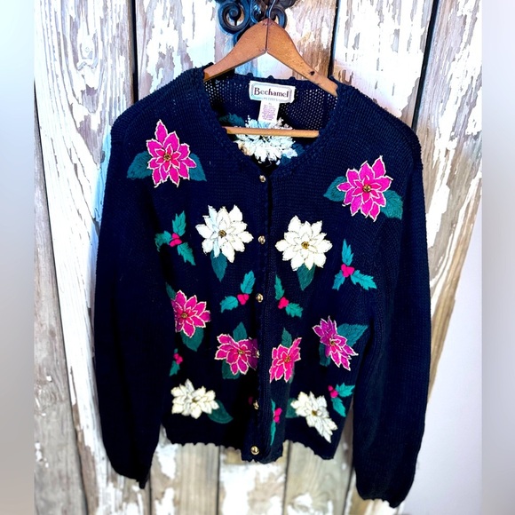 Bechamel Poinsettia & Holly Cardigann Christmas Sweater Size  Large Petite VTG - Picture 1 of 10